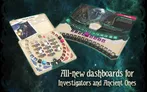 Game boards with dials, cards, and text "All-new dashboard Investigators and Ancien" on starry background.