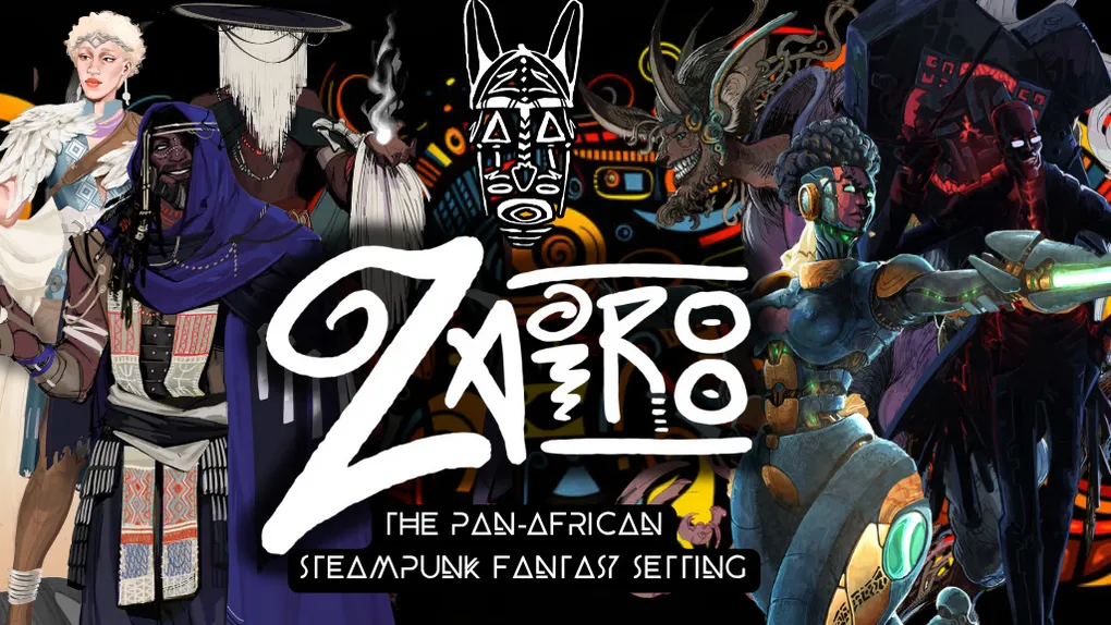 A vibrant illustration showcases the title "Zarioo" prominently in stylized lettering, accompanied by the tagline "THE PAN-AFRICAN STEAMPUNK FANTASY SETTING." The image features a diverse group of characters, including a figure in traditional attire, a warrior with a mechanical arm, and a mystical being, all set against a colorful, abstract background that hints at steampunk elements. Various symbols and motifs, including an African mask, enhance the rich cultural tapestry of the scene.