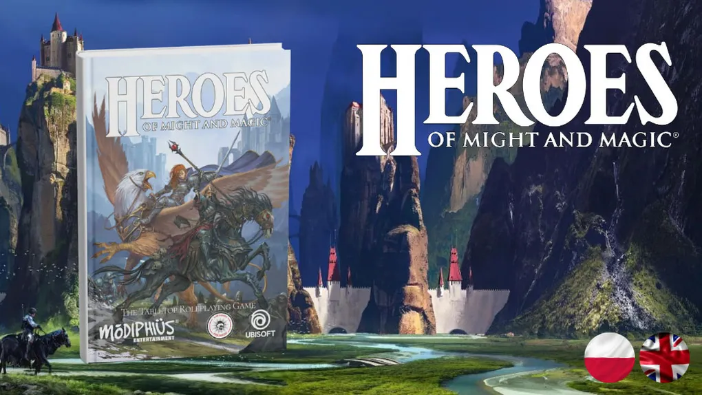 A book cover for "Heroes of Might and Magic" features a fantasy illustration of a knight on horseback, set against a dramatic landscape of towering cliffs and a castle in the background. The title "HEROES OF MIGHT AND MAGIC" is prominently displayed at the top, with the logos of Ubisoft and Modiphius at the bottom. Flags representing Poland and the United Kingdom are positioned in the lower right corner, indicating language options.