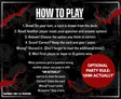 HOW TO PLAY. Optional Party Rule 'UHM ACTUALLY'. Text on dark background with red accents.
