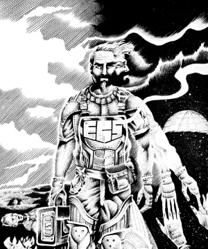 A rugged space explorer stands prominently in the foreground, wearing a detailed, futuristic suit adorned with various gadgets and tools. His expression is serious, and he holds a device in one hand, while the other reaches toward a ghostly, skeletal hand emerging from the ground. The background features a stark contrast of dark and light, with swirling clouds and a distant planet, creating an eerie atmosphere that complements the themes of horror and existential dread.