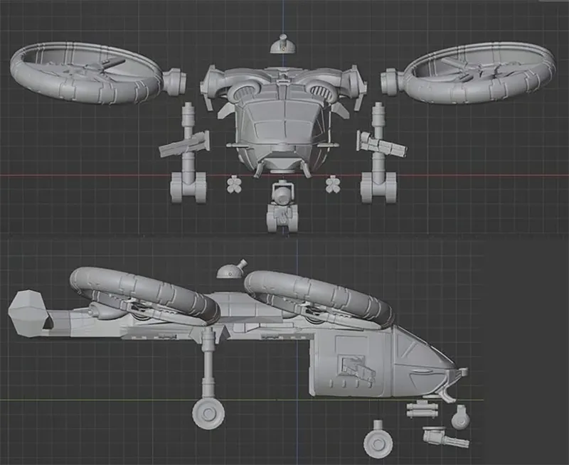 A detailed 3D model of the LARC 2, a sci-fi utility VTOL aircraft, is displayed from a top-down perspective. The model features two prominent anti-grav rotors, a streamlined cockpit, and various modular components including weapons and hardpoints. Surrounding the main body are additional parts such as crew models and flotation upgrades, all rendered in a light gray color against a dark grid background.