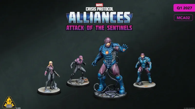 Four F.A.S.T. miniatures from the Marvel: Crisis Protocol Alliances game titled "Attack of the Sentinels" are displayed against a dark background. The miniatures include a large, armored Sentinel in blue and purple, with a glowing orange core, alongside three smaller figures: a female character in a black outfit with a purple accent, and two male characters in purple and blue suits. Each miniature is mounted on a circular base, showcasing intricate details and dynamic poses. The title "ALLIANCES" is prominently featured at the top, with "Attack of the Sentinels" below it.