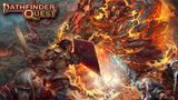 A dynamic illustration features two adventurers engaged in battle against a large, fiery creature in a chaotic, volcanic landscape. The first character, a male warrior wielding a sword and shield, is positioned prominently in the foreground, while a female elf with silver hair looks on, ready to assist. The background is filled with swirling flames and dark, rocky terrain, enhancing the sense of action and adventure. The title "Pathfinder Quest" is displayed at the top in bold, stylized lettering.