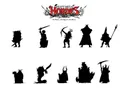 Silhouettes of various fantasy miniatures are displayed against a white background, showcasing a range of characters including warriors, spellcasters, and monstrous figures. The top of the image features the "HEAVY METAL HORDES" logo, emphasizing the tagline "No Plastic • No Digital • No Mercy." Each silhouette represents a different design, hinting at the nostalgic aesthetic aimed at old school miniatures enthusiasts.