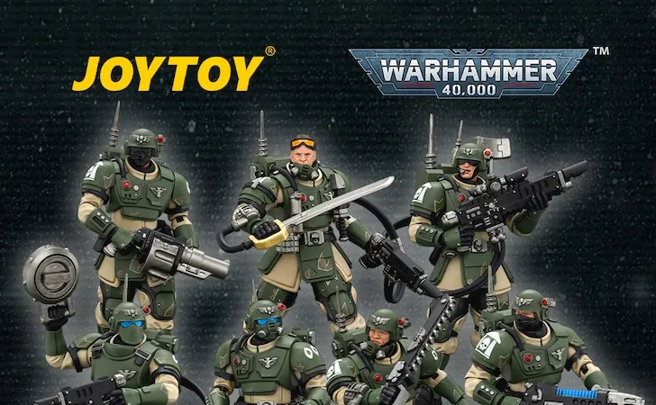 Seven green-armored action figures with weapons, "JOYTOY", "WARHAMMER 40,000", "ASTRA MILITARUM KASRKIN", "STAND WITH CADIA! - PRE ORDER NOW"