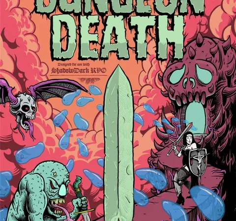 "Dungeon Death" title, sword, skull, bat, monster, shield, flames, and blue drops.