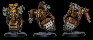 A detailed miniature of a robotic character features a round body with a metallic, silver barrel-like base and a prominent, circular golden core. It has two mechanical arms, one equipped with a green-tipped weapon and the other with a series of intricate gears and glowing green eyes. The figure stands on a textured black base, showcasing a weathered, industrial aesthetic with hints of rust and wear.