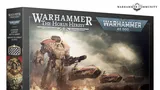 Warhammer 40,000 and The Horus Heresy box with Custodes Support Battle Group text, armored figure, and vehicles.