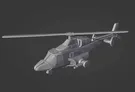 A detailed 3D model of a futuristic VTOL (Vertical Take-Off and Landing) aircraft, resembling a helicopter, is displayed against a dark background. The design features a sleek fuselage with a prominent cockpit, twin rotors on top, and various weapon hardpoints on the sides. The model showcases modular elements, including options for different cockpits and accessories, emphasizing its adaptability for various configurations.