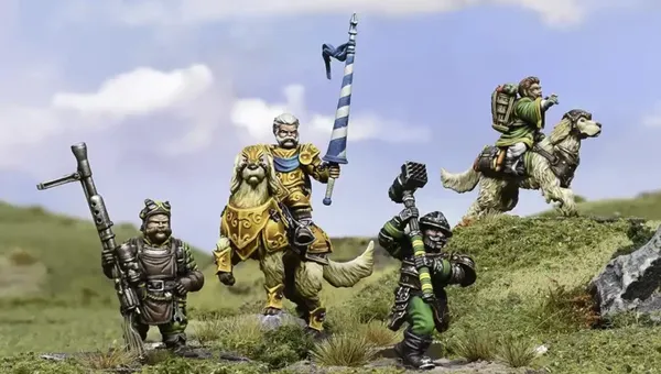A group of halfling miniatures stands on a grassy terrain, showcasing their unique characteristics. In the center, a halfling in ornate armor rides a large, lion-like creature, holding a blue and white banner. To the left, another halfling wields a spear, while a third, dressed in green, brandishes a hammer. A fourth halfling rides a smaller, dog-like creature, completing the ensemble of pint-sized warriors. The background features a soft blue sky with scattered clouds, enhancing the whimsical atmosphere.