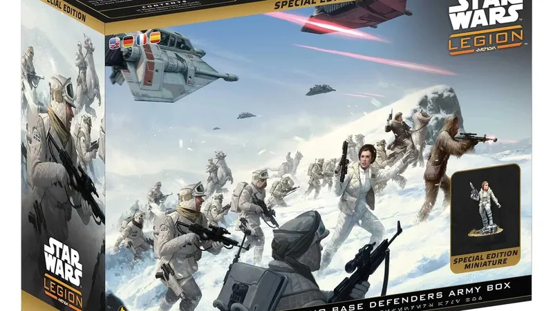The box for the "Echo Base Defenders Army Box" features a dynamic illustration of Rebel soldiers in snowy terrain, equipped for battle on the icy planet Hoth. Prominently displayed is a Special Edition miniature of General Leia Organa, alongside various troopers and a Wampa in the background. The packaging includes the "Star Wars: Legion" logo and highlights the special edition status, with additional text in multiple languages on the top.