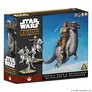 A box for the "Captain Solo & Commander Skywalker on Tauntauns" expansion for Star Wars: Legion features vibrant artwork of Luke Skywalker and Han Solo riding Tauntauns. Luke is depicted in a Rebel pilot outfit, holding a blaster, while Han is dressed in winter gear, both set against a blue sky. The box design includes the Star Wars: Legion logo and the Rebel Alliance insignia, emphasizing the theme of the expansion.