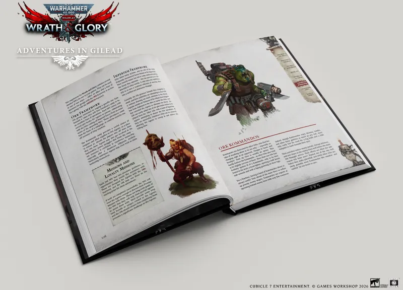 An open book titled "Adventures in Gilead" from the Warhammer 40,000 Roleplay: Wrath & Glory collection displays detailed text and illustrations. On the left page, sections titled "Imperium Framework" and "Ork Framework" are visible, along with a small box labeled "Missions and Loyalty Missions." The right page features an illustration of an Ork Kommando, depicted as a muscular green-skinned character wielding a weapon. The overall design is dark and thematic, reflecting the grim atmosphere of the Warhammer universe.