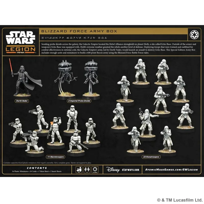 The image features the Blizzard Force Army Box for Star Wars: Legion, showcasing a variety of miniatures. Prominently displayed is Darth Vader, flanked by two Imperial Probe Droids, alongside a mix of 11 Stormtroopers and 22 Snowtroopers, all set against a black background. The box also includes a token sheet and insert sheets, emphasizing the contents and assembly requirements for gameplay.