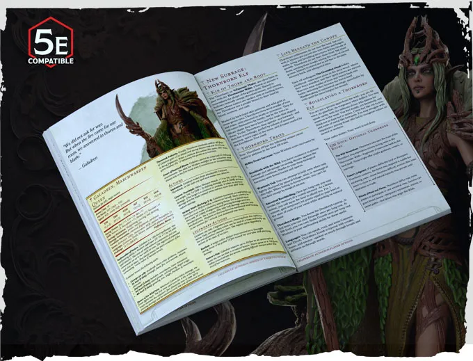 An open book displays detailed content related to the Legends of Aetheron campaign, featuring a character named Galadren, the Marchwarden Queen. The left page includes a character profile with statistics and abilities, while the right page contains lore and gameplay mechanics, all marked as "5E Compatible." In the background, a detailed miniature of Galadren stands, showcasing her intricate design and nature-themed attire.