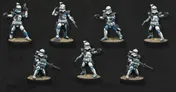 Seven Advanced Recon Commandos (ARC troopers) are depicted in the image, showcasing their distinctive white armor with blue accents. Each miniature is posed differently, some aiming weapons while others are in various stances, all standing on textured bases with a grassy appearance. The background is a solid black, emphasizing the details and colors of the troopers.