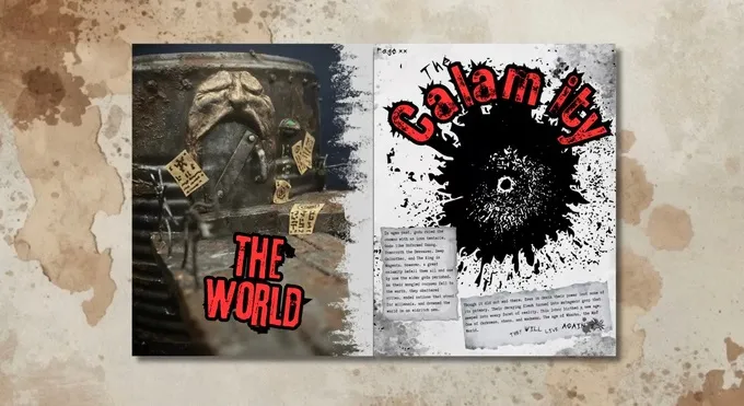 Two RPG book covers: "The World" with a masked figure, and "The Calamity" with a bullet hole.