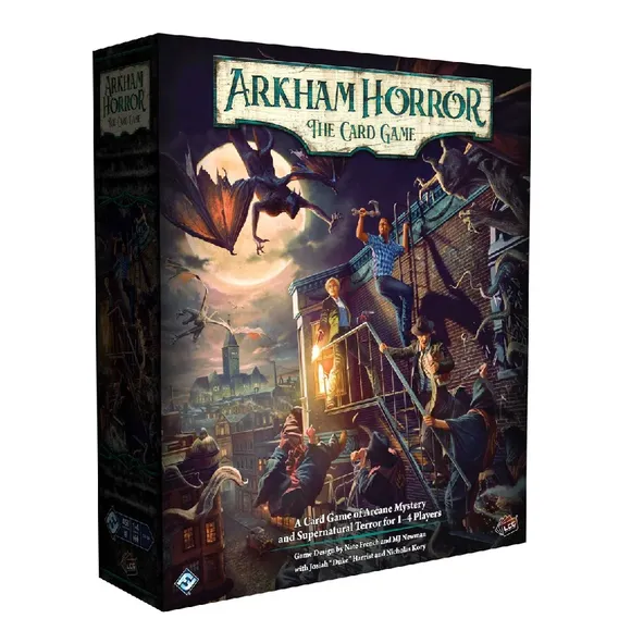The box for "Arkham Horror: The Card Game Chapter Two" features a dramatic illustration depicting a chaotic scene in a dark, urban environment. In the foreground, several characters are engaged in a tense moment, with a figure holding a lantern and others appearing to react to a looming threat above, possibly a large creature. The background showcases a cityscape with gothic architecture, shrouded in shadows, enhancing the atmosphere of mystery and supernatural terror. The title and subtitle are prominently displayed at the top, along with details about the game.