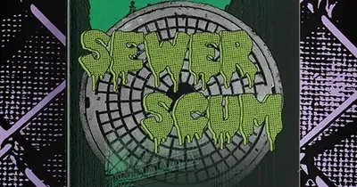Cover art for Sewer Scum supplement: dystopian cityscape with glowing green skyscraper, mutant animal silhouettes on top, neon-lit streets, and a green car. Text reads: "Mork Borg / CY_BORG" and "Dice Cats" with a small cat logo.