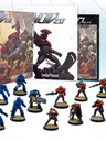 A collection of miniatures and rulebooks for the sci-fi tabletop game Void 2.0 is displayed. In the foreground, there are 12 painted miniatures: four blue Viridian Interdict Marines, one blue Viridian Assault Marine with a heavy machine gun, six red Junkers Convict Legionaries, and one red Junker Legionary with a flamethrower. In the background, three rulebooks are visible, including the "INTRODUCTORY SET," "Combat Manual," and "Squad Tactics," all featuring dynamic artwork.
