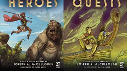 The image features two book covers from the "Warriors of Athena" series by Joseph A. McCullough. On the left, "Warriors of Athena: Heroes" showcases a heroic figure in armor wielding a spear, facing a large, menacing creature, set against a vibrant blue sky. On the right, "Warriors of Athena: Quests" depicts a group of characters aboard a ship, with one character holding a spear and others preparing for adventure, surrounded by swirling waves and a dynamic background. Both covers are illustrated by Hazem Ameen and prominently display the title and author’s name.