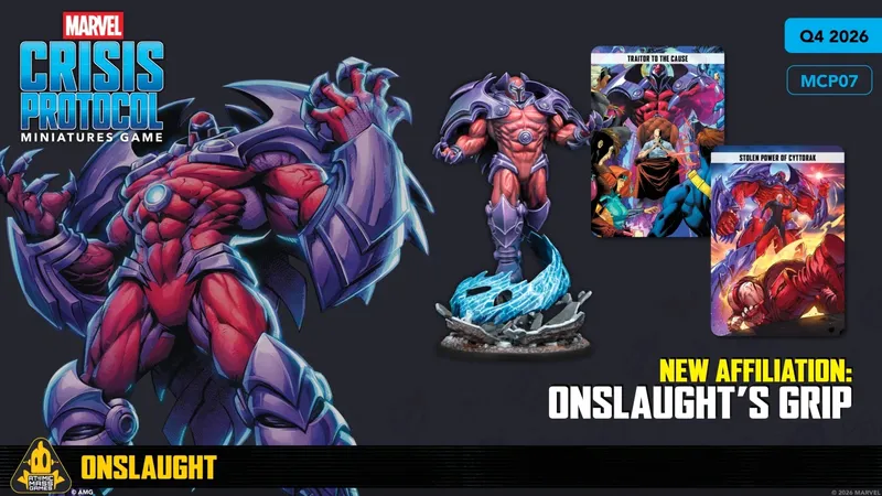 A muscular character figure stands prominently, featuring a purple and red color scheme with a menacing expression and elaborate armor, positioned on a base that resembles shattered stone and ice. To the right, two character cards are displayed: one titled "Traitor to the Cause" and the other "Stolen Power of Cytorrak," both showcasing vibrant artwork of various Marvel characters. The text "NEW AFFILIATION: ONSLAUGHT'S GRIP" is highlighted, indicating a new gameplay element for the Marvel: Crisis Protocol Miniatures Game.