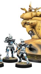 Four Advanced Recon Commandos (ARC troopers) in white and blue armor stand in the foreground, each holding weapons in various poses. Behind them is a large, yellow AAT Trade Federation Battle Tank, featuring multiple weaponry and a detailed design. To the right, a character resembling Cassian Andor is depicted, adding to the scene's dynamic representation of the Star Wars universe.