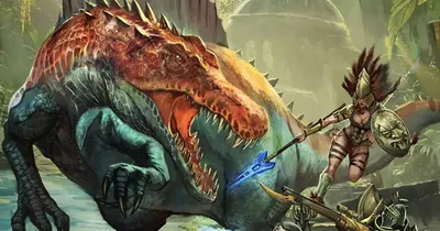 Cover art for a tabletop RPG showing a large, armored dinosaur-like creature attacking three armored adventurers near rocky ruins. One adventurer wields a spear, another a sword, and a third holds a glowing orb.