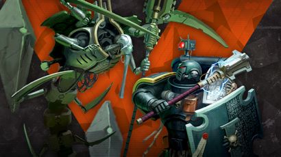 A Space Marine in dark green armor stands prominently in the foreground, wielding a large, glowing hammer and a shield adorned with intricate text and skull motifs. To the left, a Necron warrior, characterized by its skeletal frame and glowing green accents, raises a scythe-like weapon. The background features a dynamic orange geometric pattern, enhancing the tension of the scene.