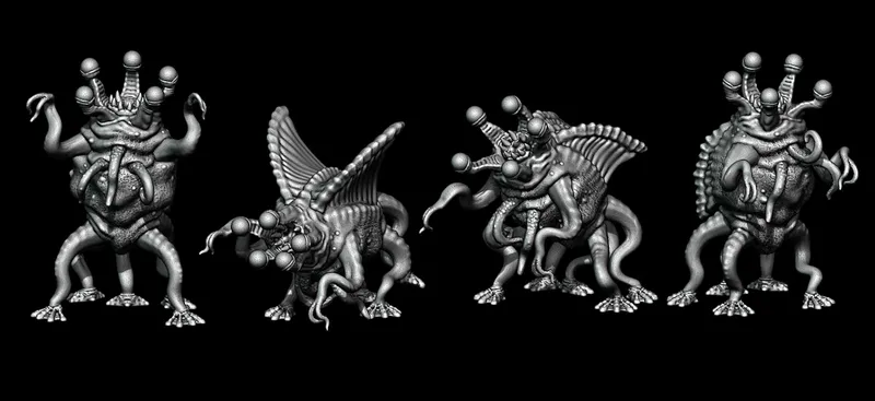 Eldritch creature with wings, four legs, tentacles and eyes on stalks