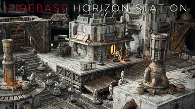 A detailed modular sci-fi terrain setup features various structures, including a large building with a glowing orange window and intricate textures, set against a backdrop of industrial elements. Several miniature figures are positioned throughout the scene, suggesting a skirmish or exploration scenario. The terrain is designed for tabletop gaming, showcasing a mix of crates, pipes, and machinery, all rendered in a weathered, metallic color palette.