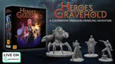Boxed board game titled "Heroes of Gravehold: A Cooperative Dungeon Crawler" with fantasy characters on cover. Beside it, a gray 3D miniature of a skeletal creature with horns and wings. Text: "Available on Indiegogo" and "Homefound."