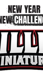 The image features bold, stylized text that reads "MILLION MINIATURES" prominently in the center, with a dynamic design that includes sharp edges and a black and red color scheme. Above this, the phrases "NEW YEAR" and "NEW CHALLENGE" are displayed in a smaller font, emphasizing a fresh start or initiative. The overall design conveys excitement and energy, suitable for a gaming or hobby context.