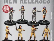 Nine miniatures in sci-fi uniforms, some holding guns, on black bases. Text: "NEW RELEASES WHITE METAL RELEASE LUNA COMMAND SUBMARINE SECURITY"