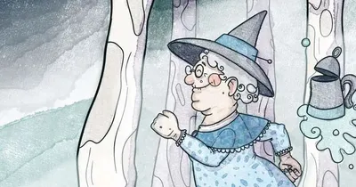 Witch in blue dress, pointed hat, holding cauldron, trees behind, text "OF FOLK AND FEY"