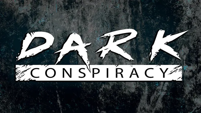 The image features the title "DARK CONSPIRACY" prominently displayed in a bold, stylized font. The word "DARK" is rendered in a jagged, distressed style, suggesting a sense of danger and intrigue, while "CONSPIRACY" is presented in a clean, straightforward font beneath it. The background has a textured, dark surface with hints of blue and gray, enhancing the ominous atmosphere associated with the game.