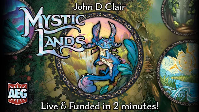 A whimsical illustration features a blue, amphibious creature with large ears and expressive eyes, sitting gracefully amidst lush greenery and a serene waterfall. The title "Mystic Lands" is prominently displayed in a stylized font above the creature, while the text "Live & Funded in 2 minutes!" is featured at the bottom. Surrounding the central image are circular frames showcasing vibrant landscapes, enhancing the enchanting theme of the game.