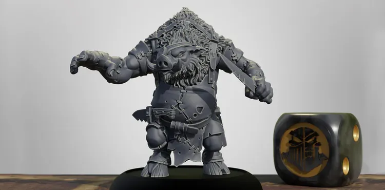 A detailed miniature of a robust, anthropomorphic pig character stands prominently, showcasing a muscular build and a fierce expression. The figure is adorned with stitched leather armor and holds a large knife in one hand, while the other arm is raised, suggesting a dynamic pose. The character features a thick mane of hair and a snout, emphasizing its boar-like traits, and is set against a neutral background, highlighting its intricate design.