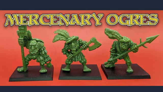 Three green ogre miniatures stand on black bases against a vibrant orange background. Each ogre has a distinct pose: the leftmost holds a staff, the center ogre wields an axe, and the rightmost brandishes a spear. They are adorned with details reminiscent of classic oldhammer styles, featuring exaggerated facial features and playful, dynamic designs. The text "MERCENARY OGRES" is prominently displayed above them in a bold, stylized font.