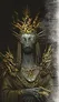 Gray-skinned figure with large eyes, wearing an ornate golden crown and necklace.