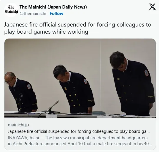 Three firefighters in uniform are bowing their heads in a formal setting, likely during a press conference or disciplinary meeting. The two on the left are wearing dark blue uniforms with badges, while the one on the right has a slightly different posture, suggesting a moment of reflection or apology. The background is neutral, focusing attention on the individuals and their solemn demeanor.