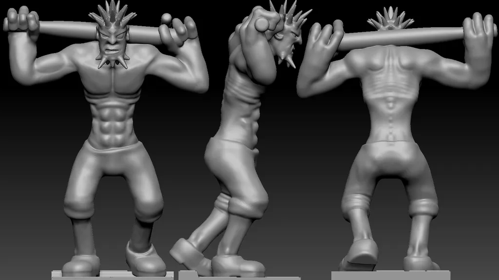 Three stylized, gray 3D character models in dynamic poses, each with spiky hair and horns. Left figure raises arms, center figure crouches with fists up, right figure leans forward with arms extended. All wear short pants and boots.