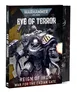 A slipcase set titled "Eye of Terror: Reign of Iron" for Warhammer 40,000 10th Edition features a prominent image of a heavily armored Iron Warrior, equipped with a bolter and a menacing expression. The background includes abstract shapes in shades of yellow and gray, enhancing the dramatic effect. The title "EYE OF TERROR" is displayed at the top, with "REIGN OF IRON" and "WAR FOR THE CADIAN GATE" prominently featured at the bottom. The slipcase contains two hardcover books and a booklet, all related to the Iron Warriors' campaign.