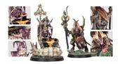 A grotesque and detailed miniature of the daemon prince Gelgus Pust stands prominently, featuring a toothy grin and moth-like wings, with pestilent boils adorning his body. He holds a staff topped with a skull and is surrounded by a cauldron emitting a viscous, orange substance, while a large, worm-like creature forms the base of the figure. Additional smaller images showcase close-ups of Gelgus's intricate details, including his tattered robes and the souls trapped within his rusty sword.