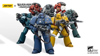 A group of eight tactical space marine action figures stands prominently, showcasing a variety of colors and chapter insignias. The marines are depicted in their original mark of armor, with detailed features and gear, including bolt guns and backpacks. The figures represent popular Warhammer 40k chapters such as the Imperial Fists, Ultramarines, Blood Angels, and Space Wolves, alongside traitorous factions like the Sons of Horus and Alpha Legion.