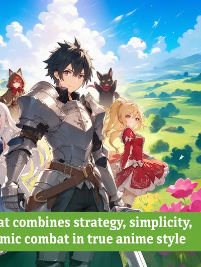 A group of five anime-style characters stands in a vibrant, lush landscape filled with rolling hills and colorful flowers. The central figure, a young man in shining armor, is flanked by a silver-haired woman in a blue dress, a red-haired girl in a hooded cloak, a small black cat-like creature, and a blonde girl in a red dress. In the corner, a box featuring the game "Gates of Krystalia" is displayed, with text highlighting the game's combination of strategy, simplicity, and dynamic combat.