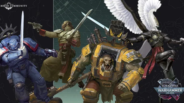 A dynamic illustration features four distinct characters from the Warhammer 40,000 universe. On the left, a Space Marine in blue armor holds a pistol, while a figure in a military uniform brandishes a sword in the center. To the right, an imposing Ork in yellow armor displays a fierce expression, and behind him, a character with a mechanical arm and a large weapon stands ready for battle. The background includes a stylized map, enhancing the sci-fi atmosphere of the scene.