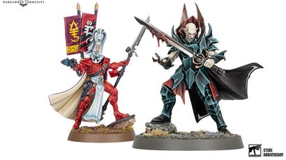 A vampire miniature named Korthrain, the Crimson Blade, stands prominently, showcasing ornate black and teal armor with sharp, angular designs. He wields a long, elegant sword with a bloodied edge, poised for action, while his expression conveys a fierce intensity. In the background, a smaller figure can be seen, adding context to the scene, with a rocky base and tufts of grass completing the display.