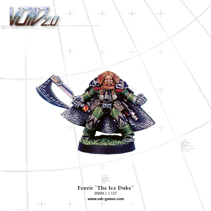 Miniature of a bearded warrior in green armor holding a large axe, text "Fenrir 'The Ice Duke'" below.
